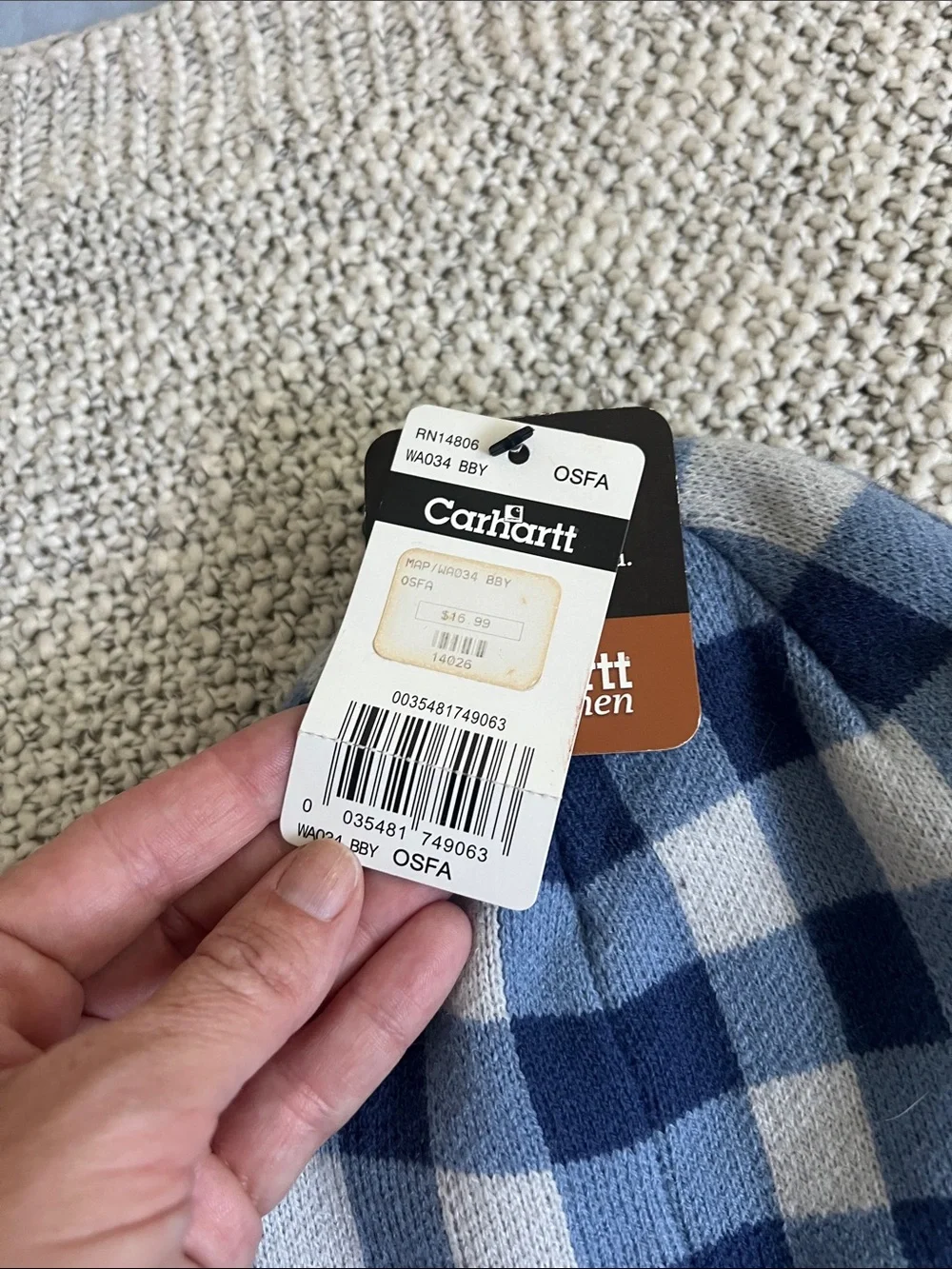 Carhartt Women’s Navy and Light Blue Check Knit Beanie